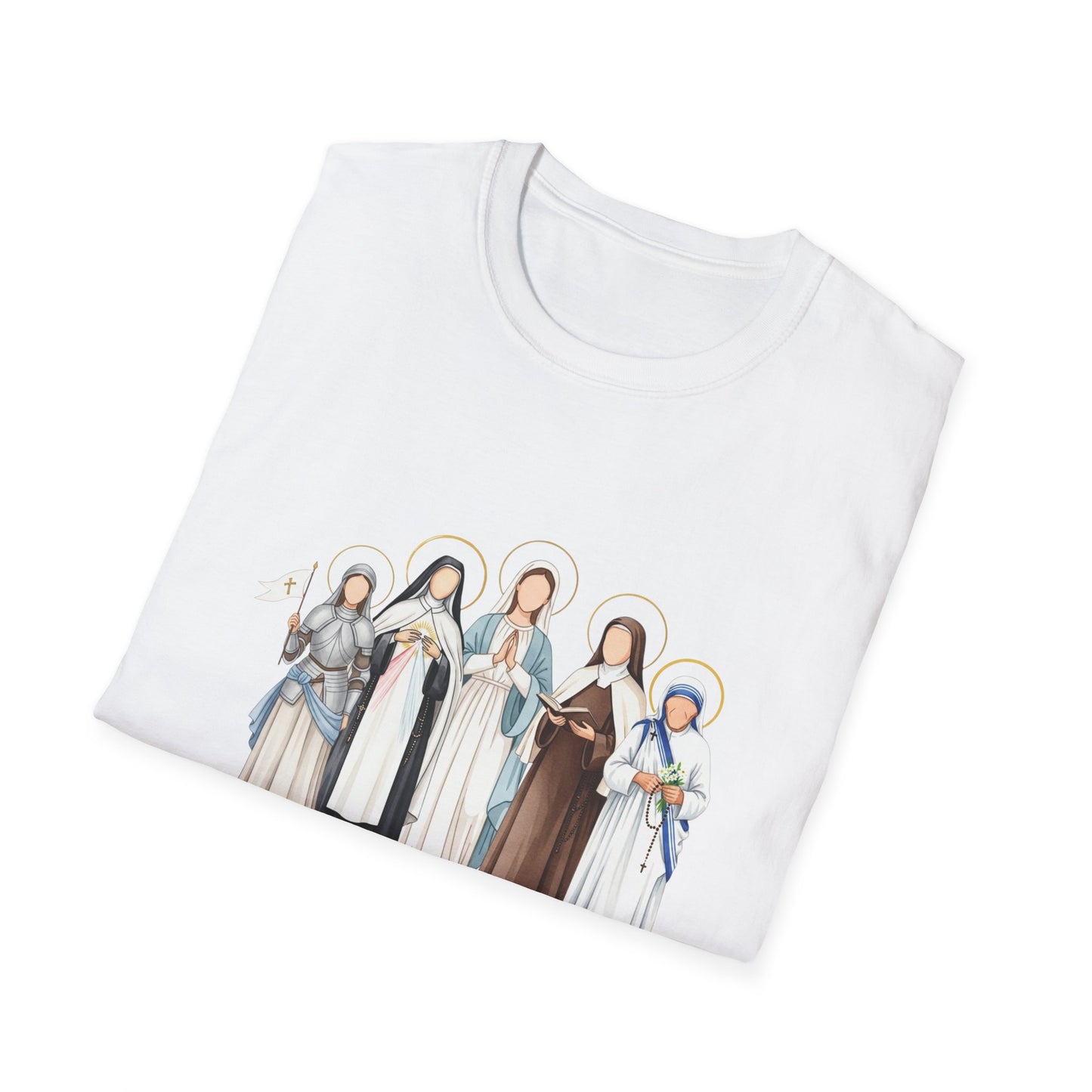 Saints Illustration T-Shirt — "Faith, Strength, Grace" Catholic Devotional Tee