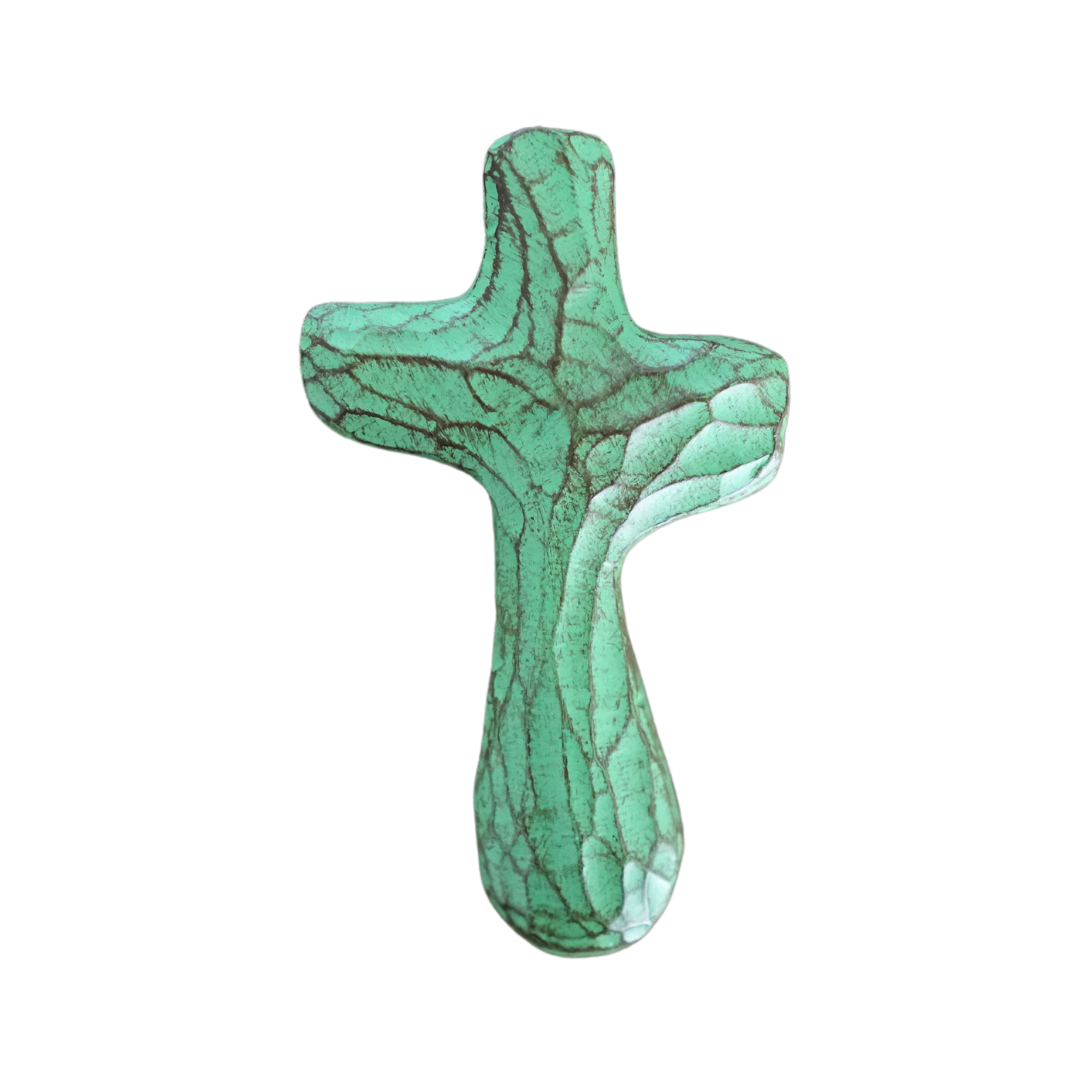 Patina green painted wooden holding cross