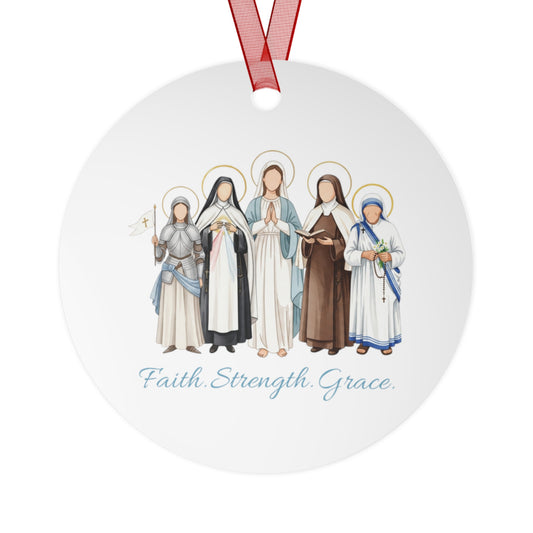 Faith Strength Grace Catholic Metal Ornament - Round Women Saints Inspirational Christmas Decoration