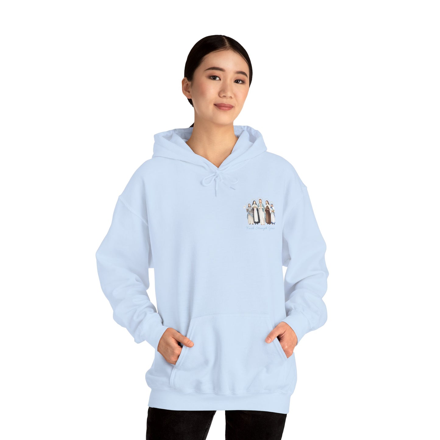 Faith Strength Grace Catholic Hoodie - Women Saints Vintage Chest Graphic Cozy Pullover