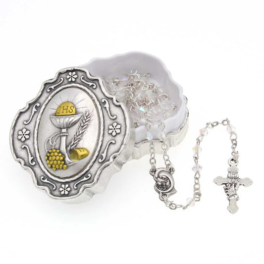 First Communion Rosary Crystal Beads and Box Gift Set for Boys and Girls 4-1309WC
