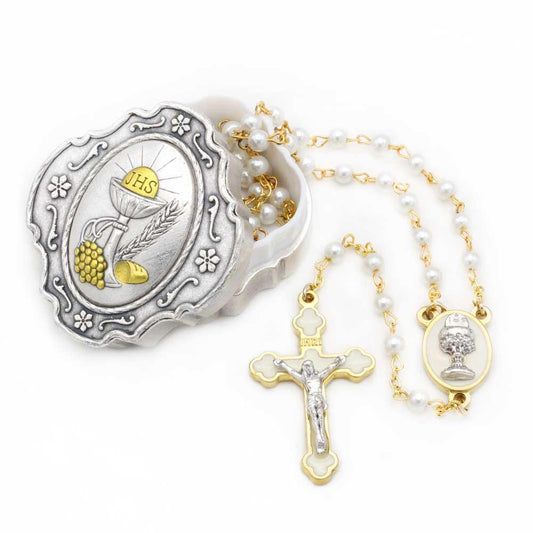 First Communion Rosary Pearl Beads and Box Gift Set for Boys and Girls