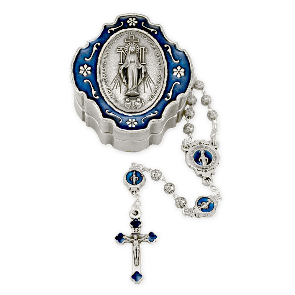 Miraculous Medal Rosary Metal Beads and Box Gift Set