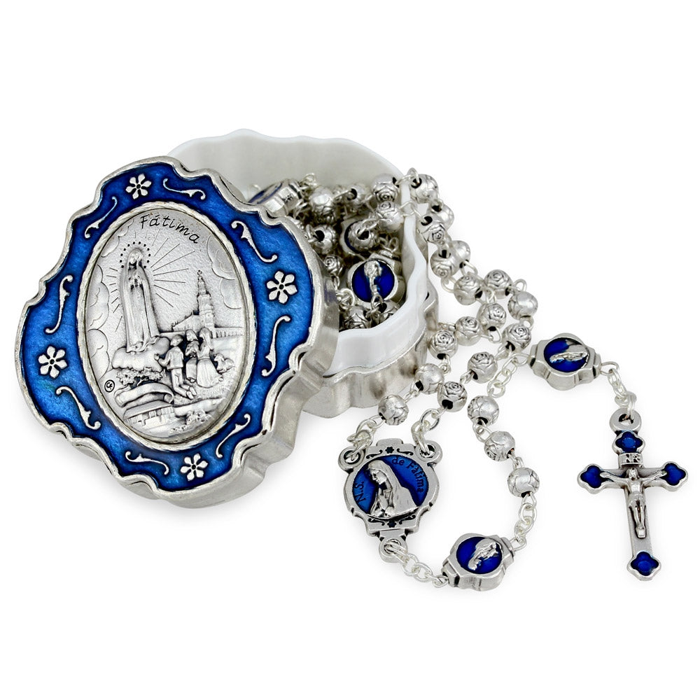 Fatima Rosary Metal Beads and Enameled Box Gift Set