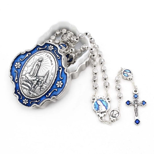 Fatima Rosary Metal Beads and Enameled Box Gift Set