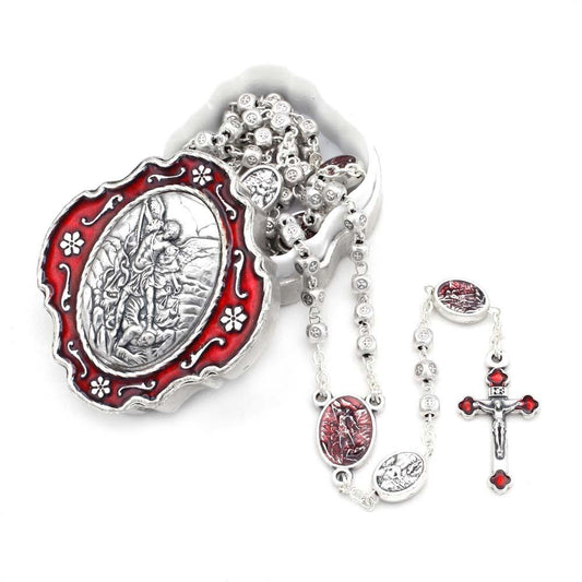 Saint Michael Rosary Metal Beads and Enameled Box Gift Set