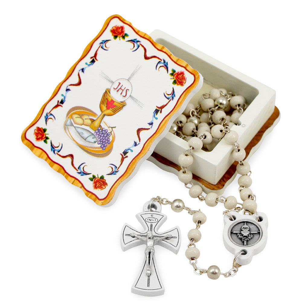 First Holy Communion Rosary Gift For Boys and Girls , White Wooden Beads Rosary and Wooden Keepsake Box