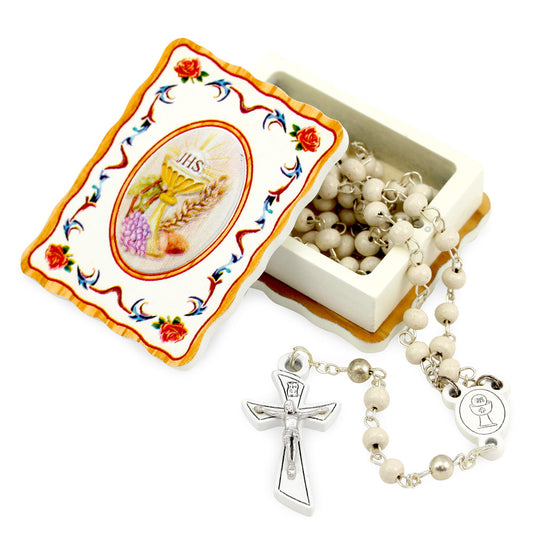 First Holy Communion Rosary Gift For Boys and Girls , Wooden Beads Rosary and Colorful Wooden Keepsake Box