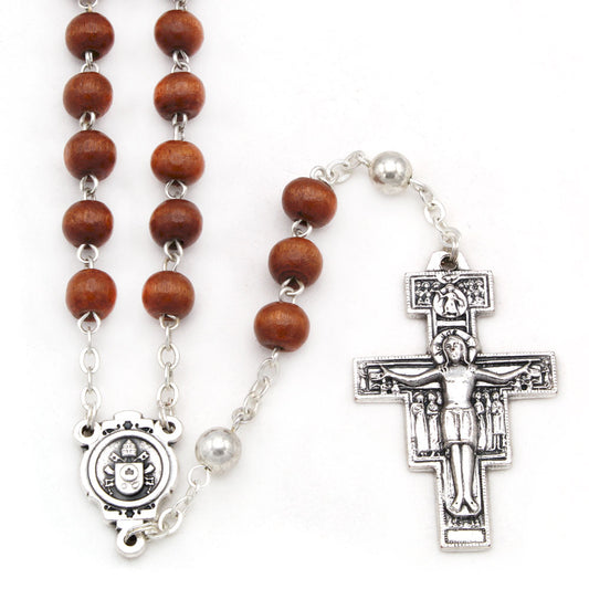 Rosary Wooden Brown Beads San Damiano Crucifix