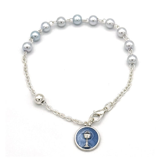 First Communion Blue Pearl Glass Beads Rosary Bracelet 4-2606B