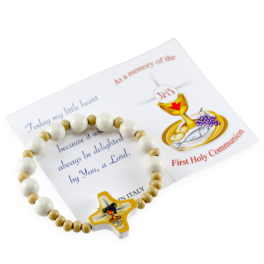 First Holy Communion Rosary Bracelet White Wooden Beads