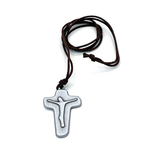 Necklace Metal Crucifix Pendant with Brown Cotton Waxed Cord