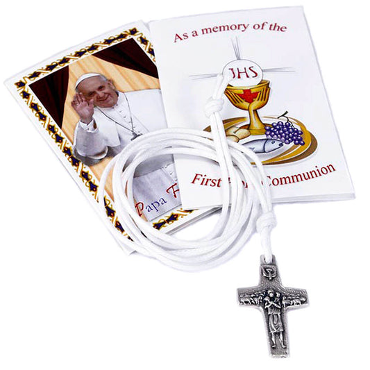 The Original Pope Francis Cross by Vedele with white cord, 1 inch cross and Communion Gift Tag- 1 inch