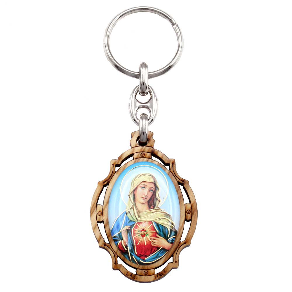 Sacred Heart of Mary Olive Wood Keychain