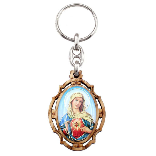 Sacred Heart of Mary Olive Wood Keychain