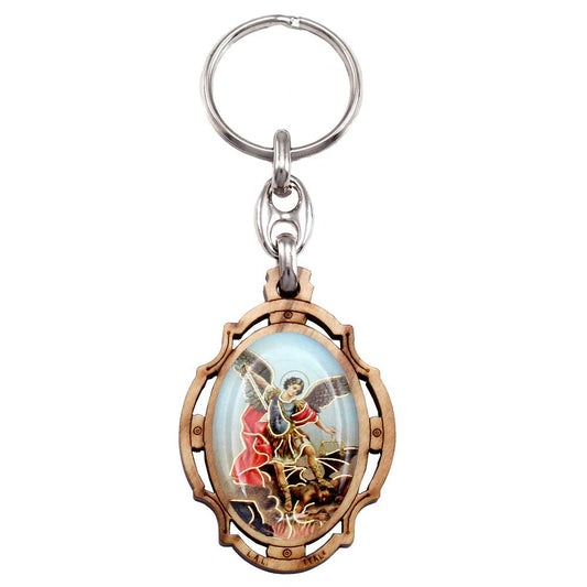 St. Michael Olive Wood Keychain