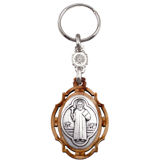 St. Benedict Keychain, Olive Wood with Silver Plated Embossed Image