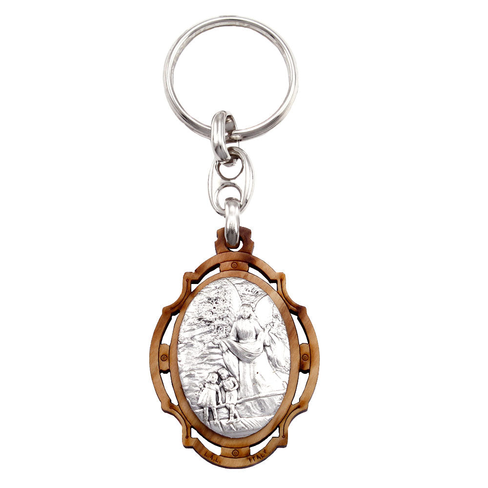 Guardian Angel Keychain Olive Wood with Silver Plated Embossed Image