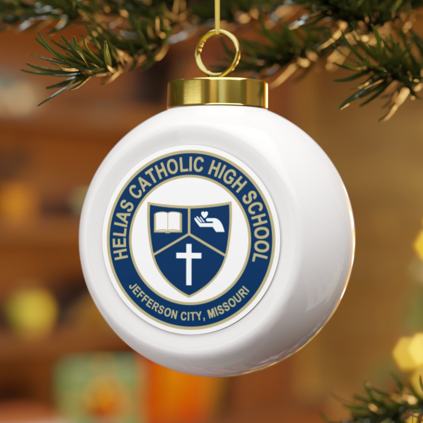Helias Catholic High School - Jefferson City, MO -  Christmas Ball Ornament — Festive Poinsettia & Candles Holiday Glass Ornament