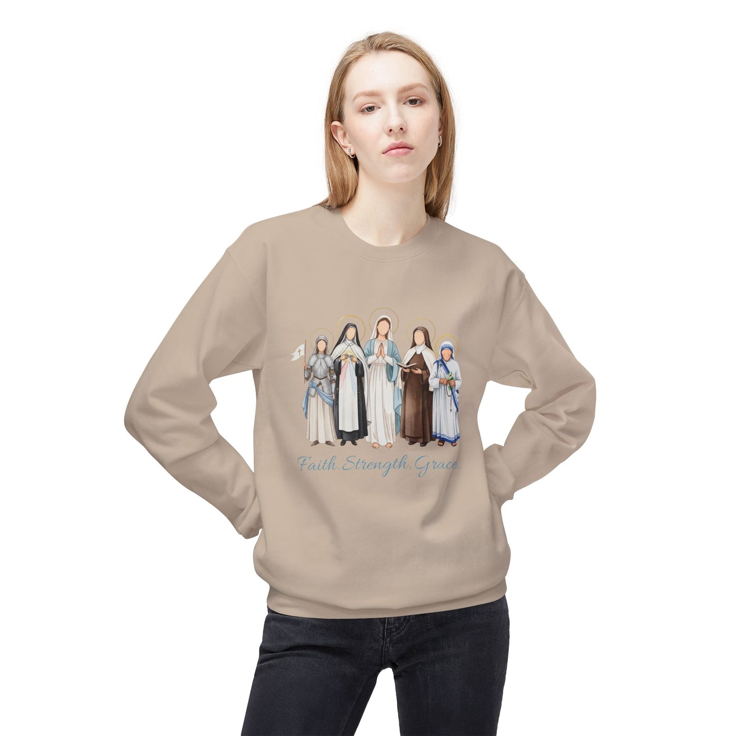 Faith Strength Grace Catholic Crewneck Sweatshirt - Women Saints Cozy Fleece Pullover
