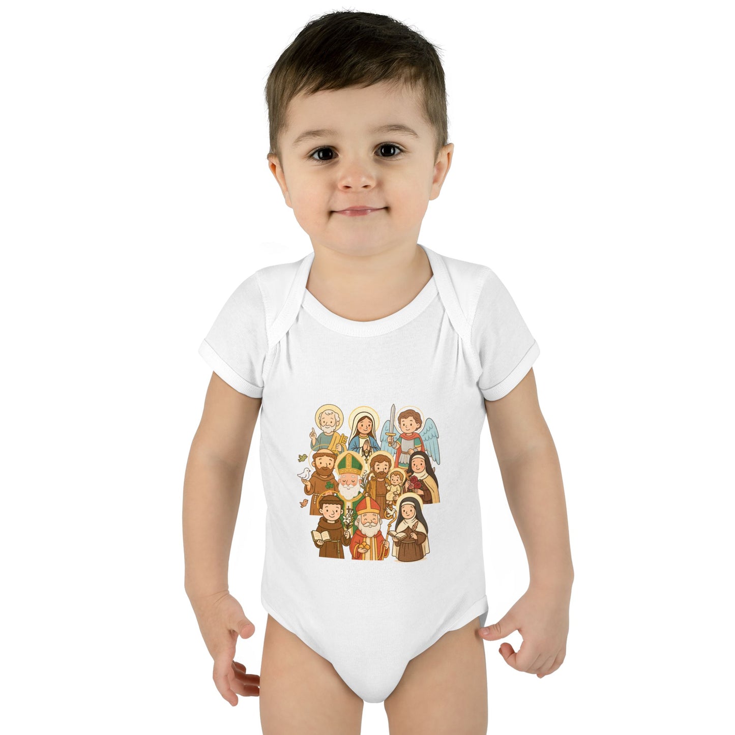 Cute Kid-Friendly Saints Catholic Baby Bodysuit - Fun Cartoon Saints - Baptism & Christening Gift