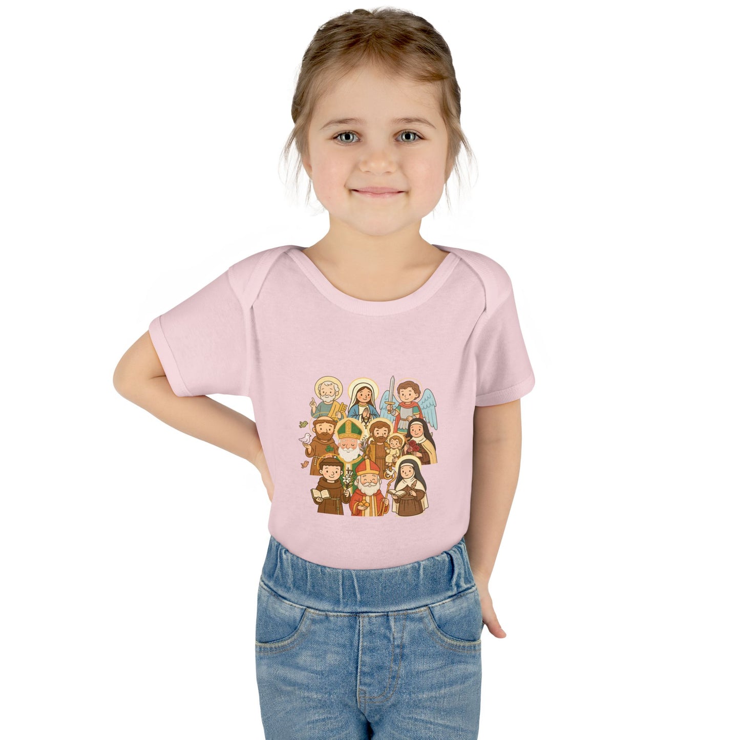 Cute Kid-Friendly Saints Catholic Baby Bodysuit - Fun Cartoon Saints - Baptism & Christening Gift