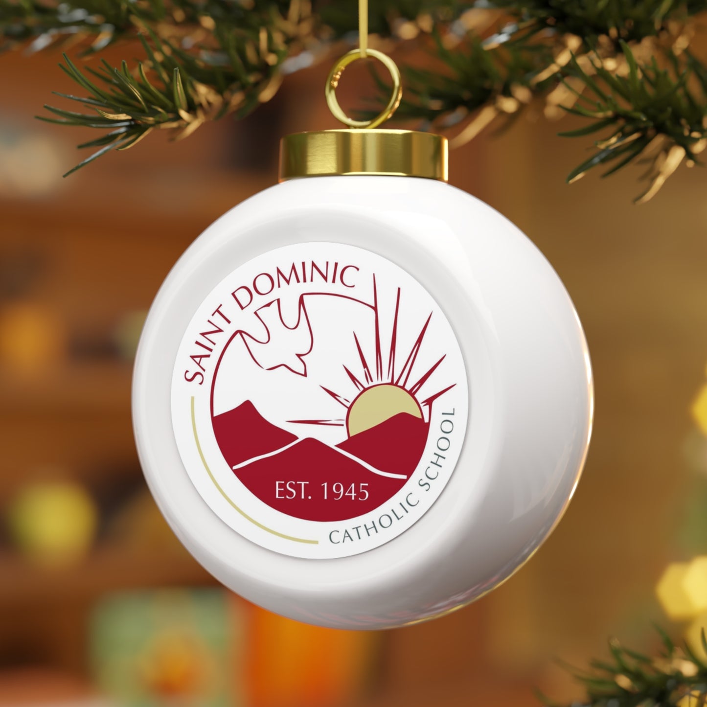 St Dominic School - Freeport, TN -   Christmas Ball Ornament — Festive Poinsettia & Candles Holiday Glass Ornament