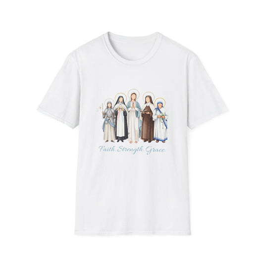 Saints Illustration T-Shirt — "Faith, Strength, Grace" Catholic Devotional Tee