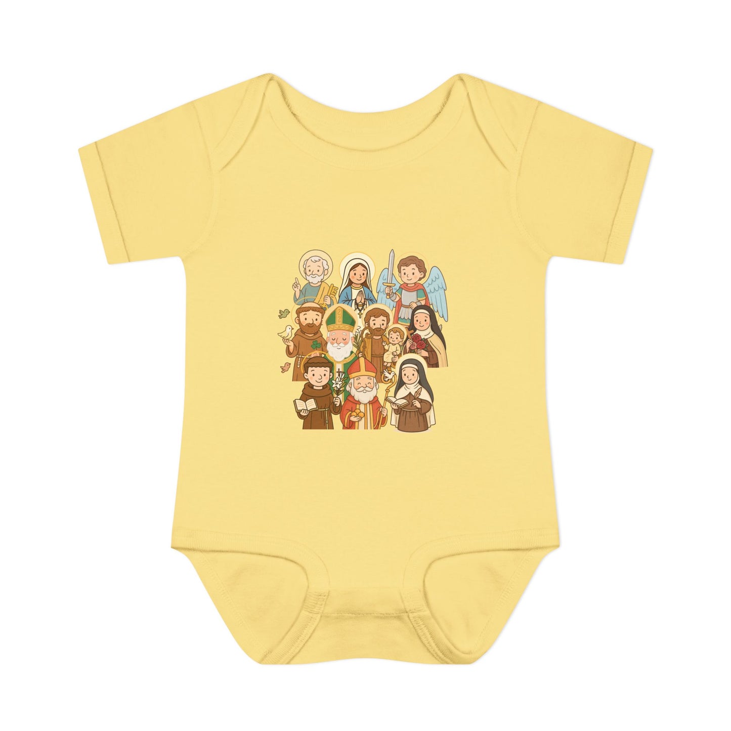 Cute Kid-Friendly Saints Catholic Baby Bodysuit - Fun Cartoon Saints - Baptism & Christening Gift