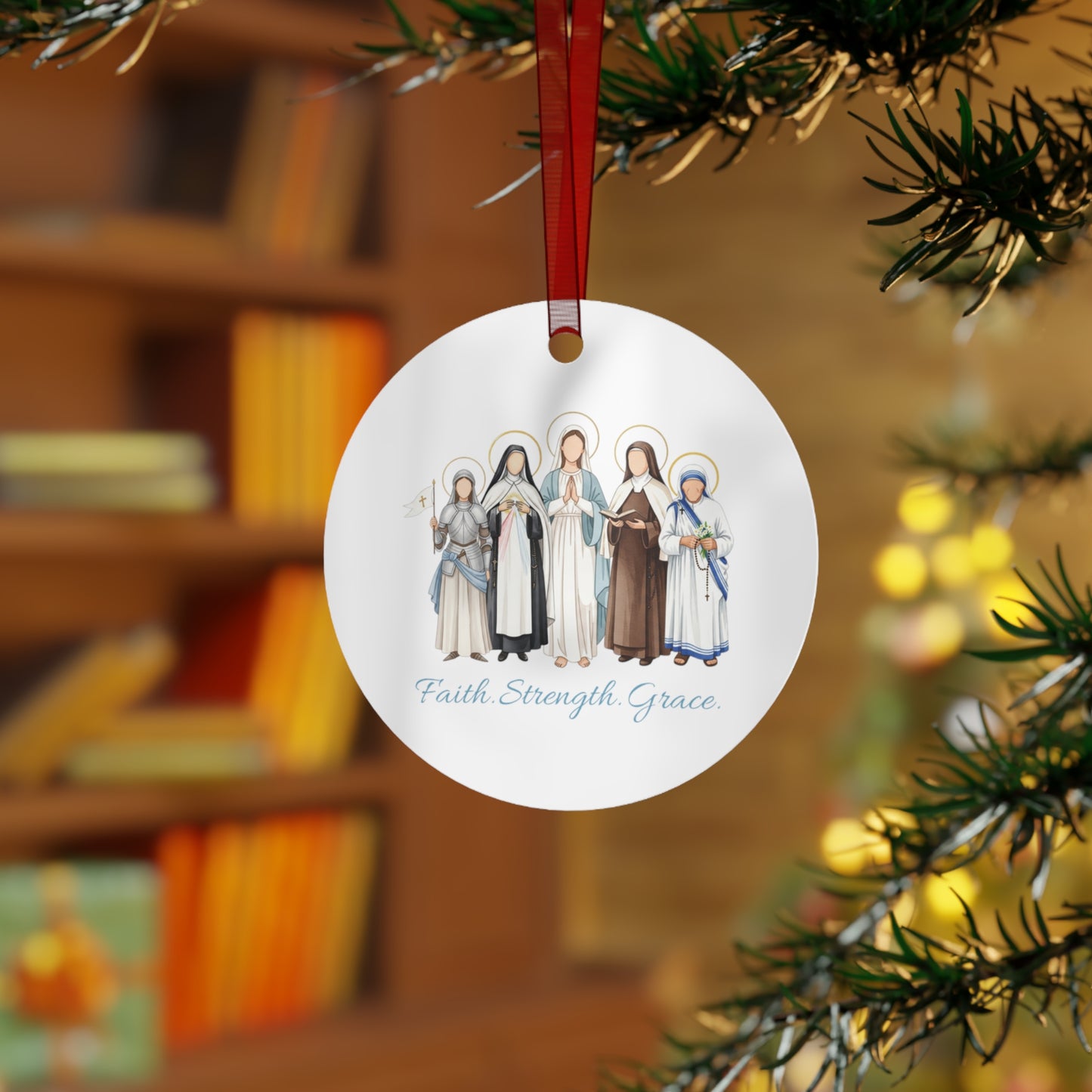 Faith Strength Grace Catholic Metal Ornament - Round Women Saints Inspirational Christmas Decoration
