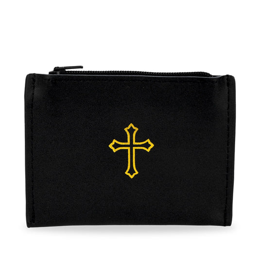 Black Leather Rosary Pouch with Gold Cross