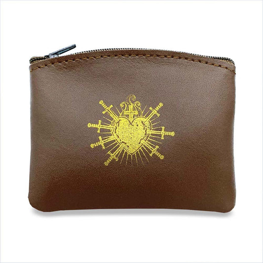 Seven Sorrows Brown Leather Rosary Pouch