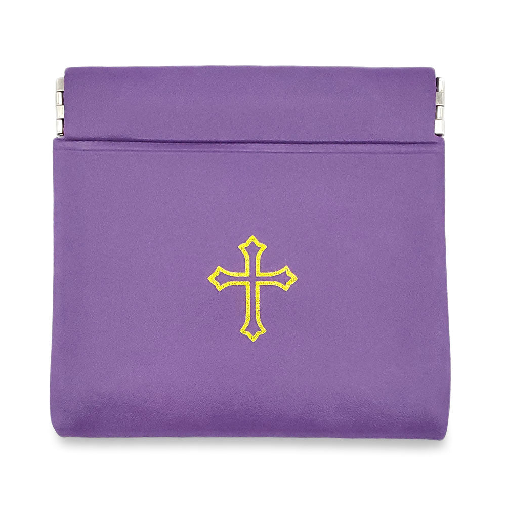 Violet Vinyl Rosary Pouch Squeeze Top Spring Closure with Gold Cross Imprint