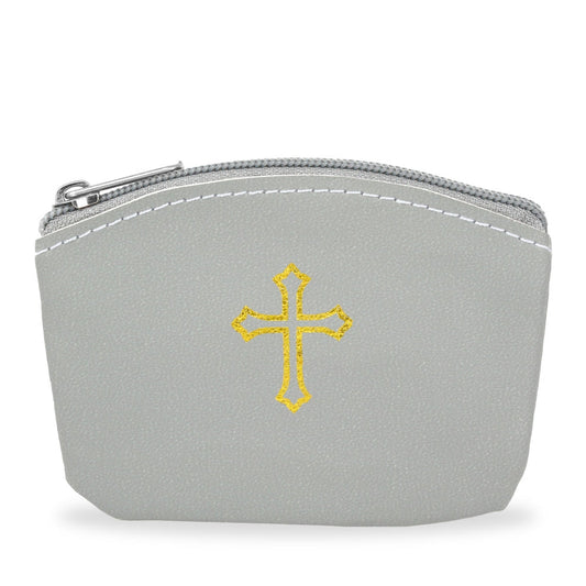 Gray Rosary Pouch with Gold Cross Design and Zipper 