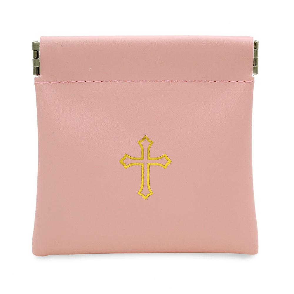 Squeeze Top Rosary Pouch Peach Pink Faux Leather