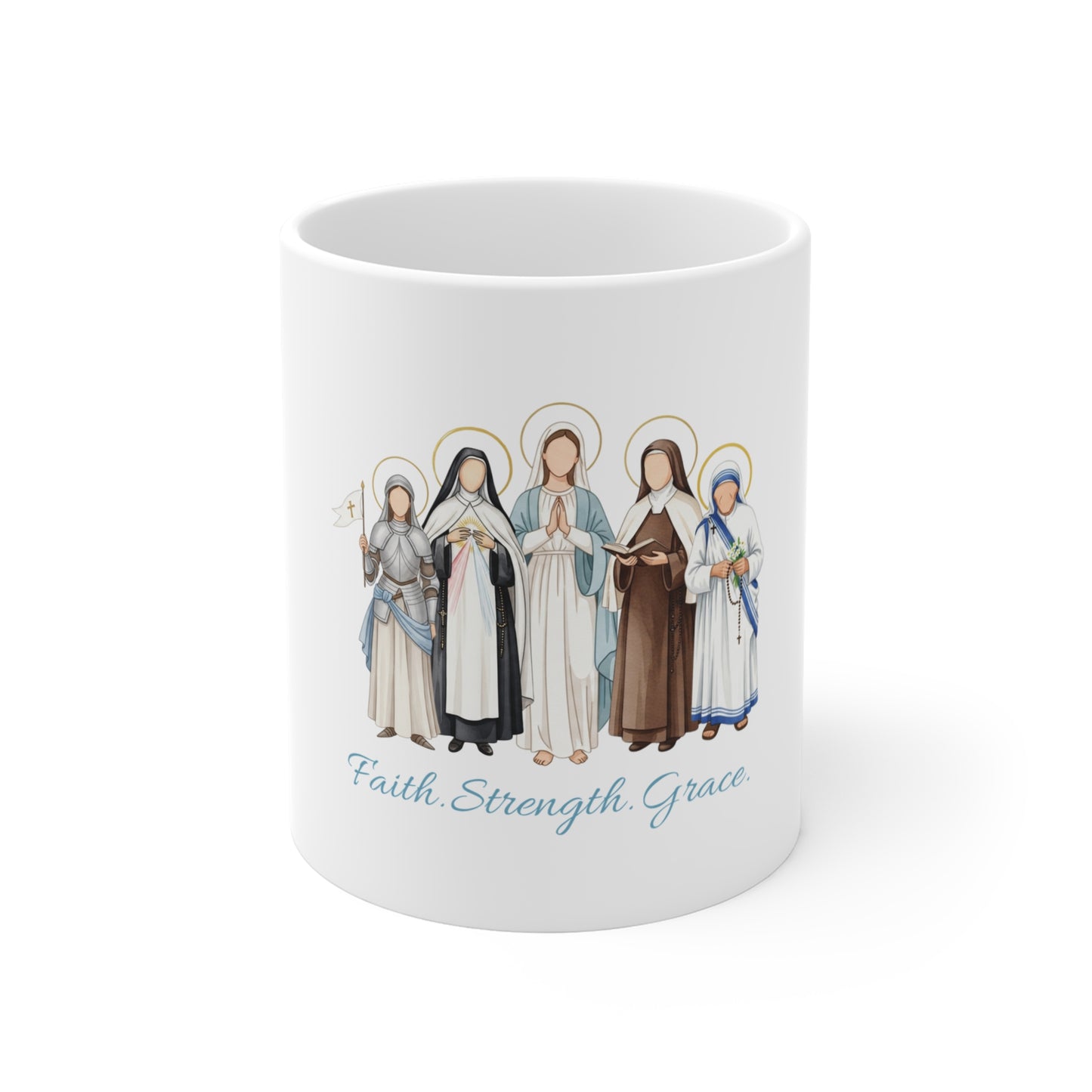 Faith Strength Grace Catholic Mug - Women Saints 11oz Ceramic Coffee Cup