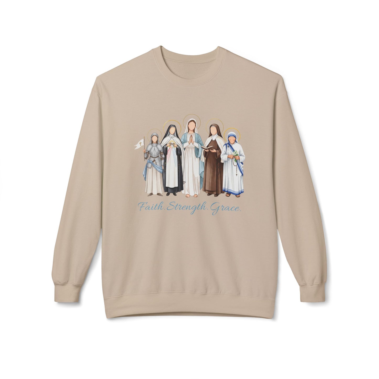 Faith Strength Grace Catholic Crewneck Sweatshirt - Women Saints Cozy Fleece Pullover