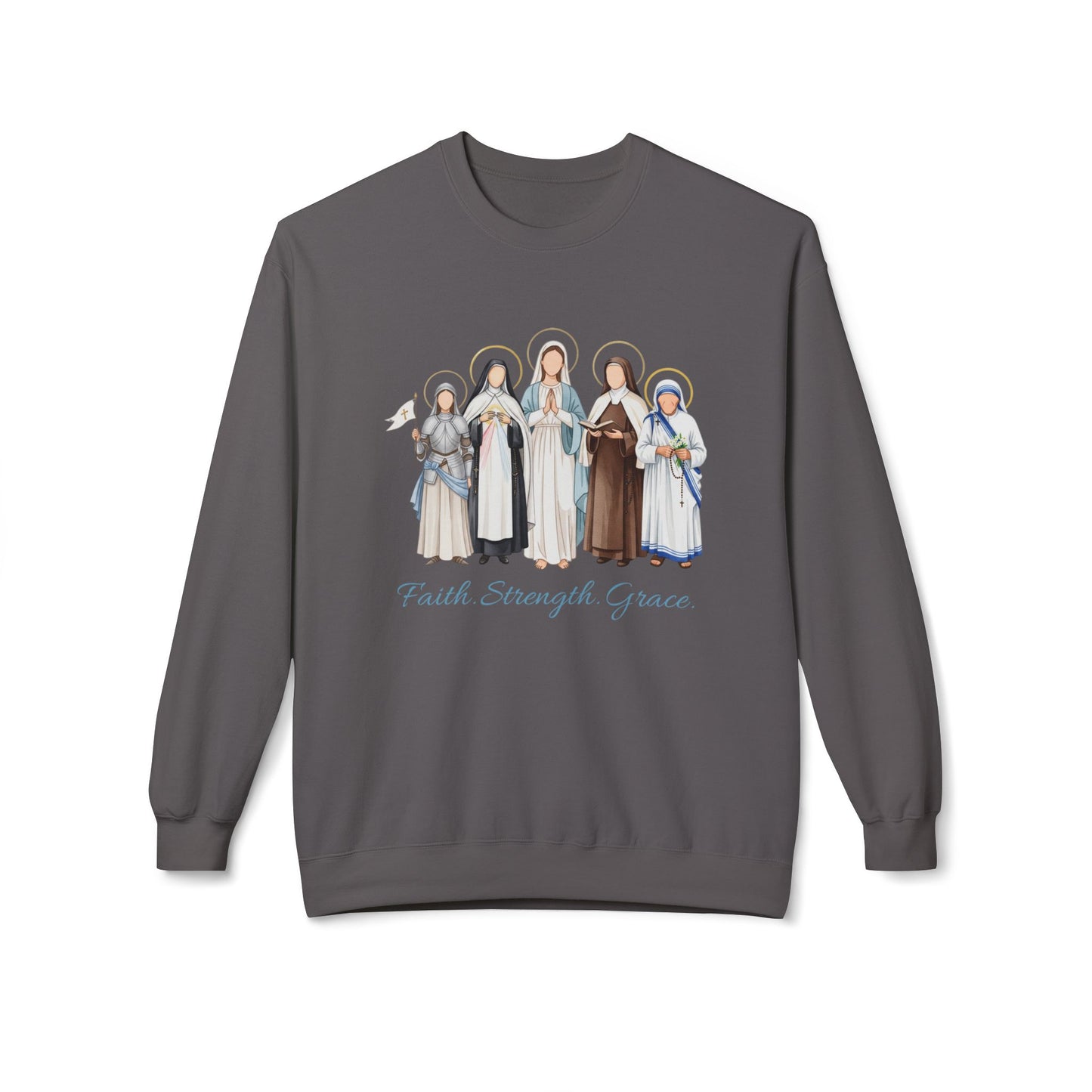 Faith Strength Grace Catholic Crewneck Sweatshirt - Women Saints Cozy Fleece Pullover