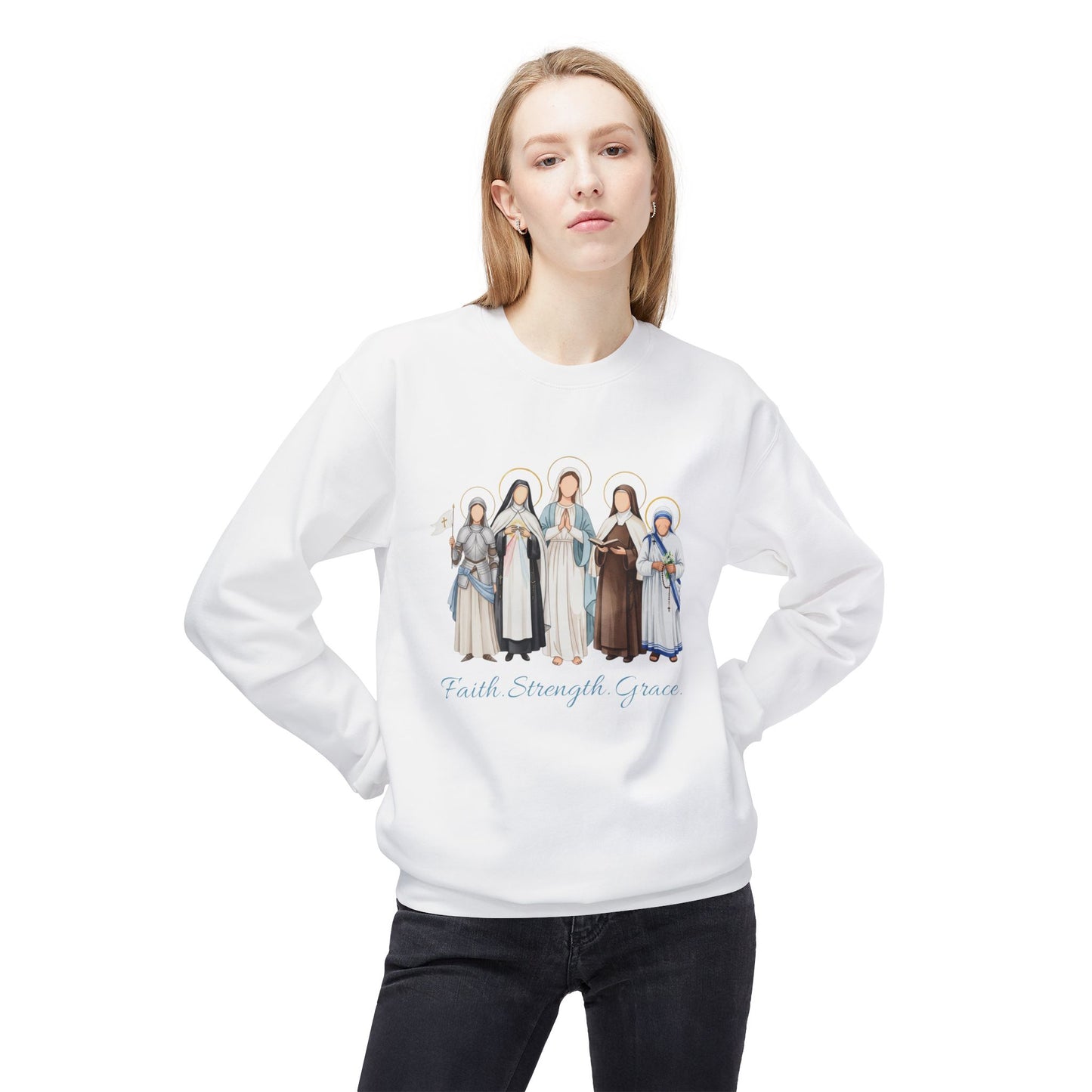 Faith Strength Grace Catholic Crewneck Sweatshirt - Women Saints Cozy Fleece Pullover
