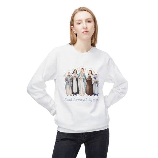 Faith Strength Grace Catholic Crewneck Sweatshirt - Women Saints Cozy Fleece Pullover
