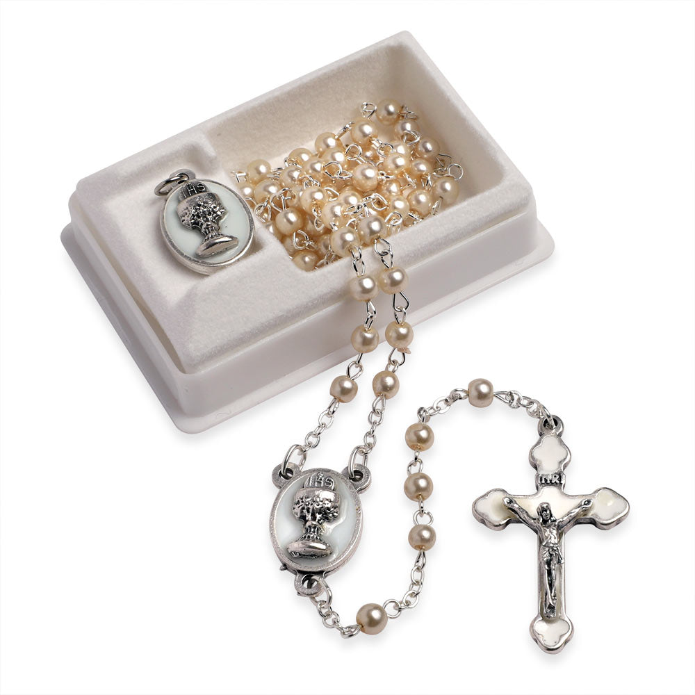 First Communion Silver Tone Rosary and Medal Gift Set for Boys and Girls