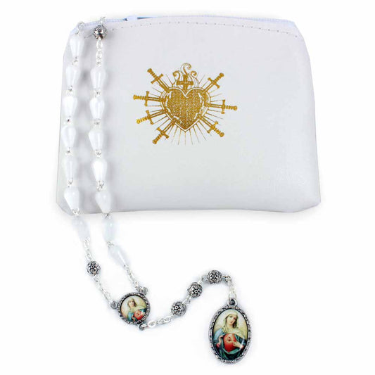 Seven Sorrows of Mary Rosary Chaplet Acrylic Pearl Beads and Matching Rosary Pouch  8-1509
