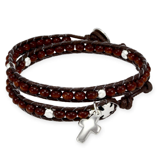 Wrap Around Rosary Bracelet, Ladder Design Brown Wooden Beads Cross Charm 8-2503BN