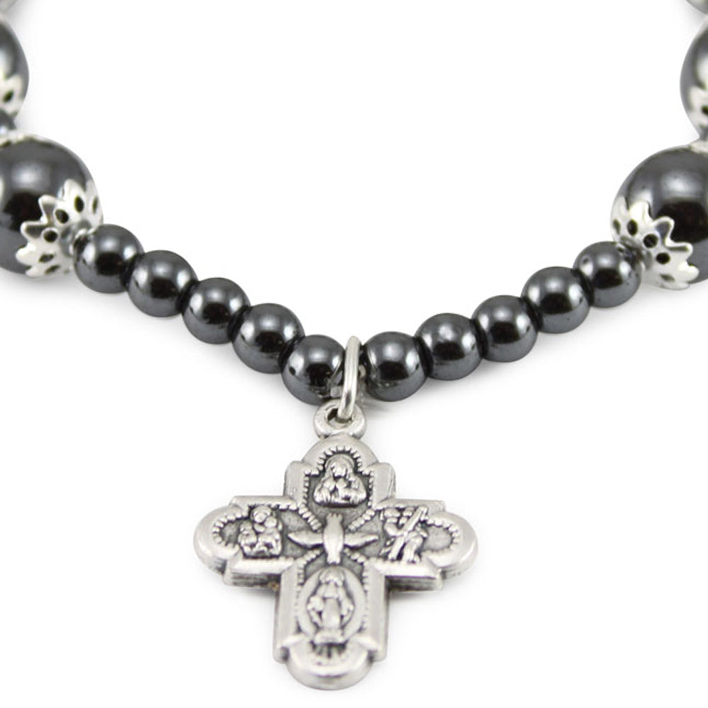 Rosary Bracelet Ealstic Hematite Capped Beads Four Way Cross 8-2813