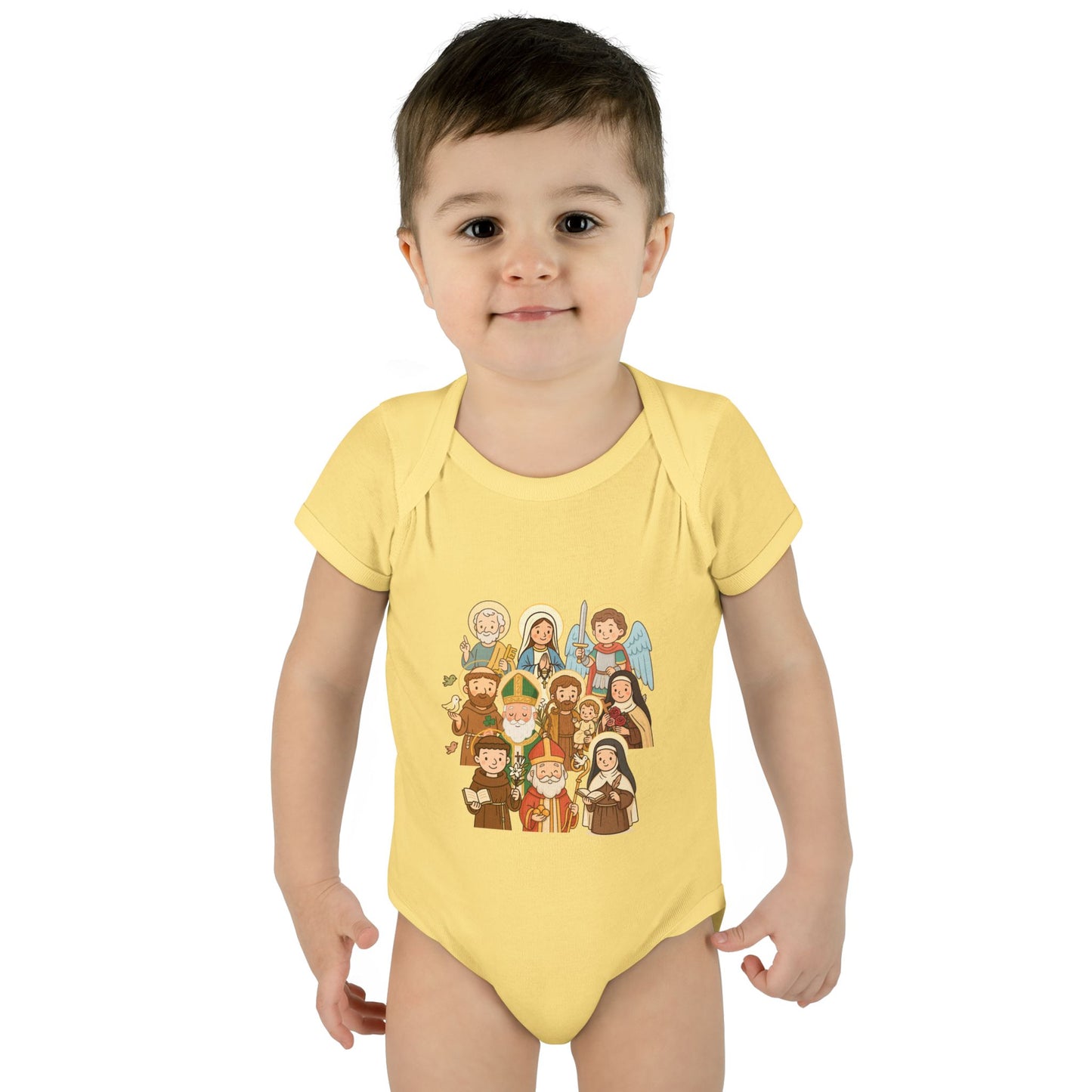 Cute Kid-Friendly Saints Catholic Baby Bodysuit - Fun Cartoon Saints - Baptism & Christening Gift