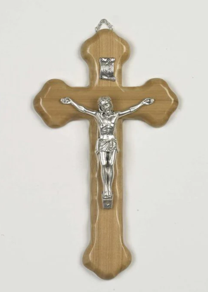 8 Inch Italian Olive Wood Crucifix with Silver Toned Corpus