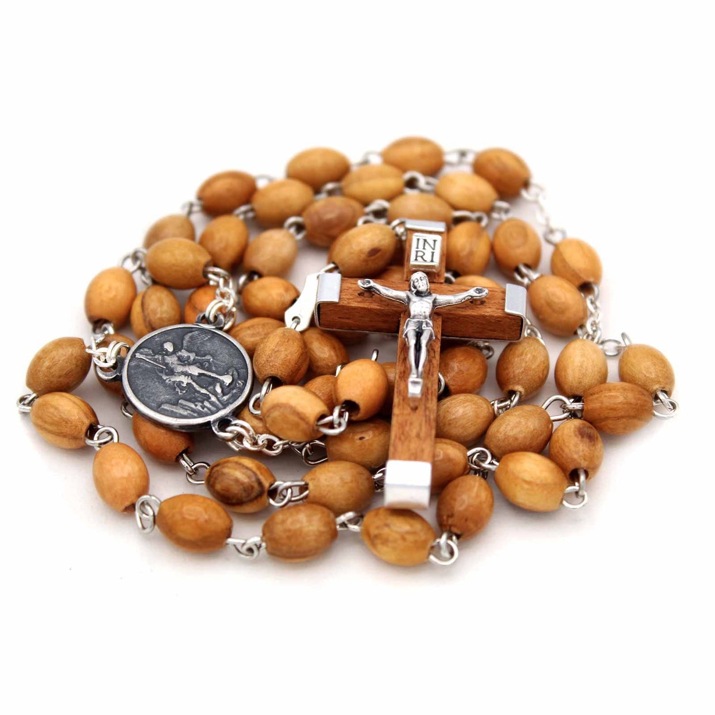 St. Michael Rosary with Olive Wood Beads Wooden Crucifix