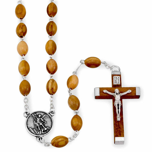 St. Michael Rosary with Olive Wood Beads Wooden Crucifix