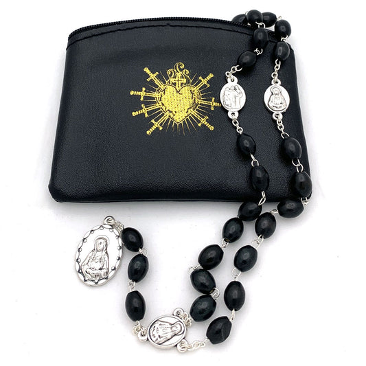 Seven Sorrows of Mary Rosary Chaplet Larger Black Wooden Beads and Matching Rosary pouch- Servite Rosary