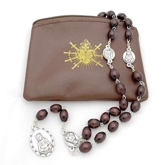 Seven Sorrows of Mary Rosary Chaplet Oval Brown Wooden Beads and Matching Rosary Pouch- Servite Rosary